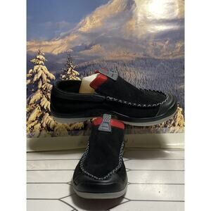 Crocs Linden Loafers Men's 12.5 Black Red Leather Slip On Boat Shoes Sneakers